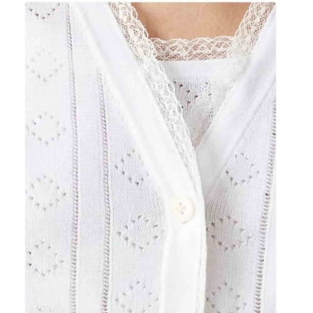 NWT J.Crew Sz L White Pointelle Short-Sleeve V-Neck Cardigan Ultra-Fine Cotton - Picture 2 of 9